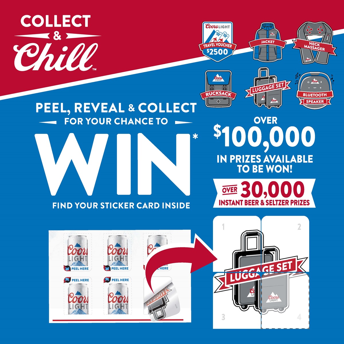 collect & chill | peel, reveal & collect for your chance to win | find your sticker card inside. Over $100,000 in prizes available to be won! Over 30,000 instant beer and seltzer prizes. 